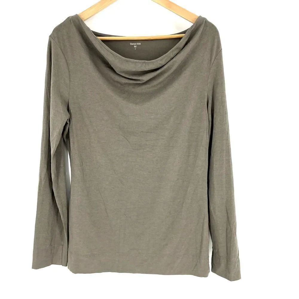 Garnet Hill Shirt Size Small Womens Gray Draped Front Tee Cowl Long Sleeve Top